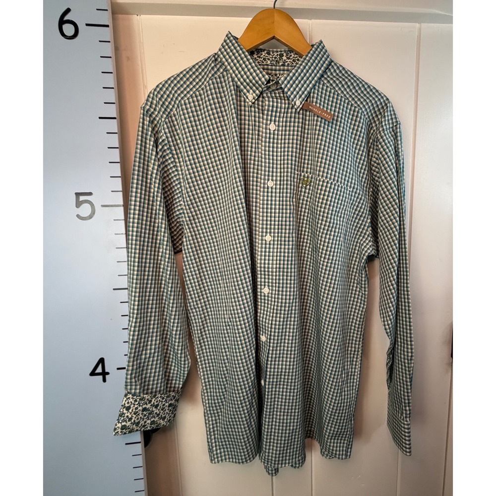 Ariat Button-Down Green Blue Plaid Paisley Large Men's Western Shirt NEW